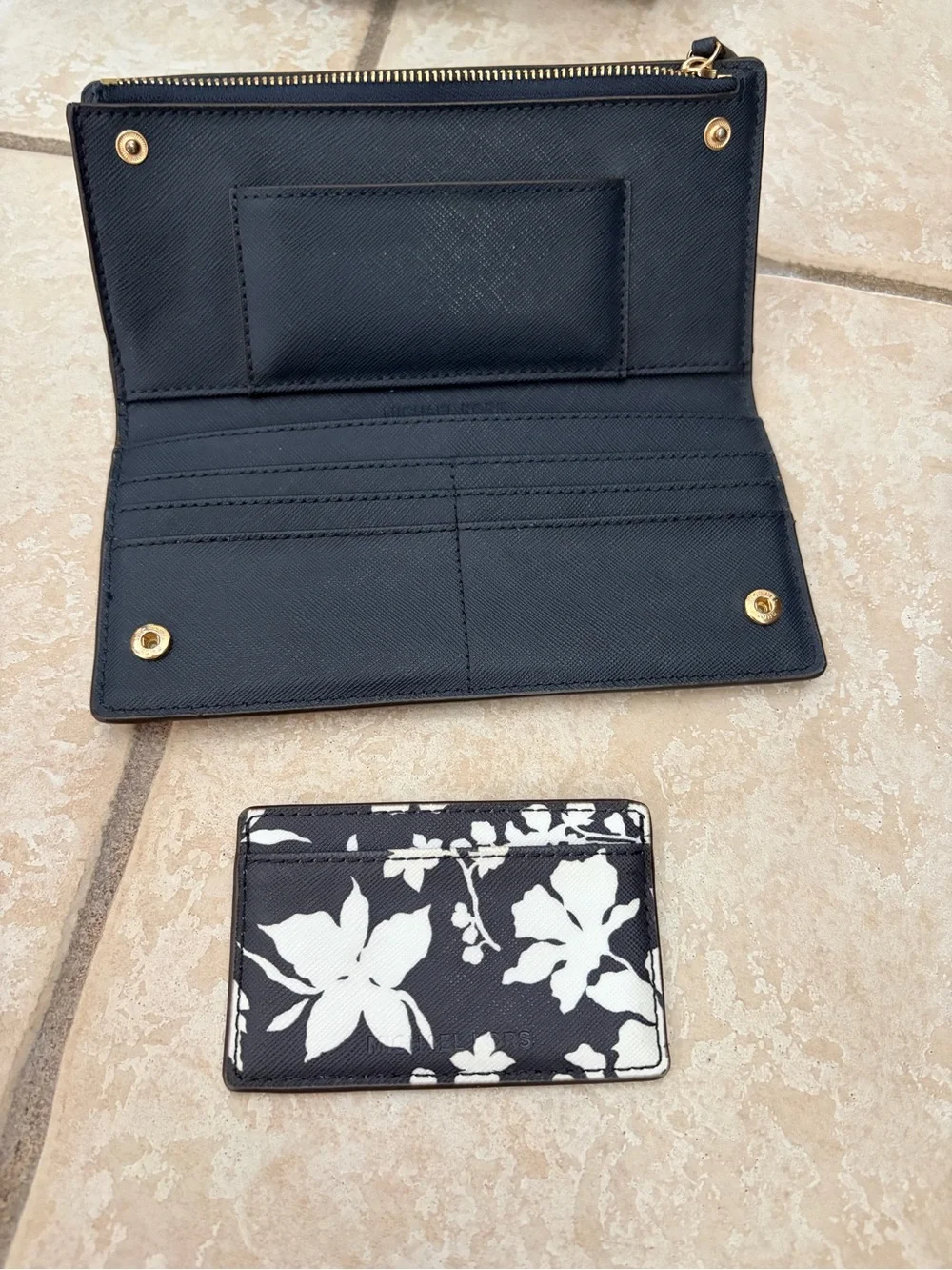 Michael Kors Navy and White Floral Tote with Matching Zip Wallet